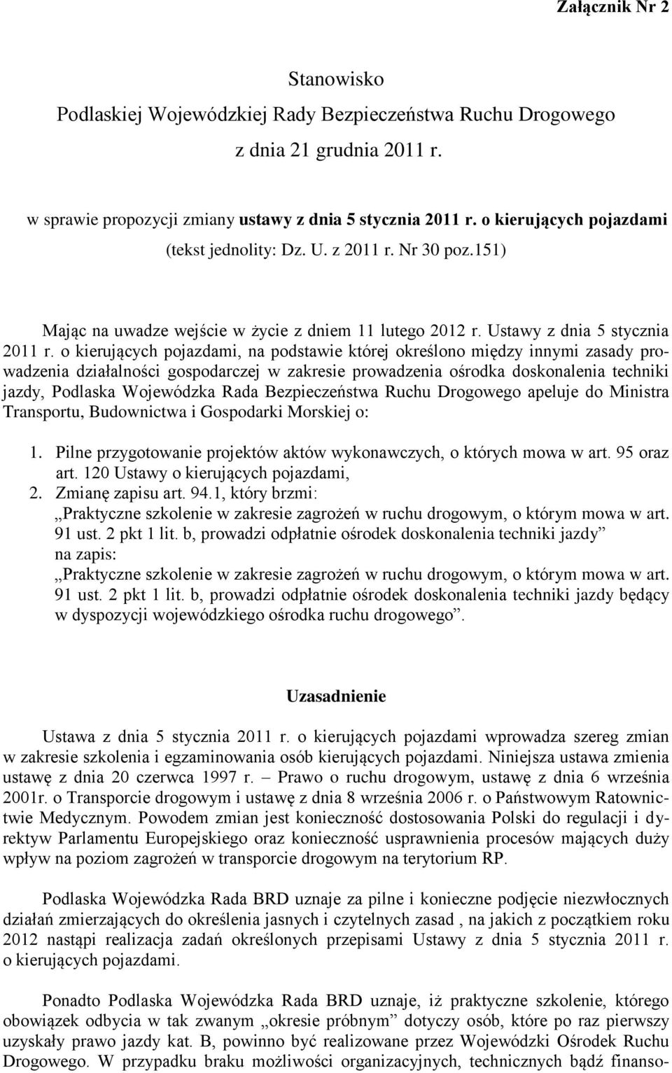 o kierujących pojazdami, na podstawie której określono między innymi zasady prowadzenia działalności gospodarczej w zakresie prowadzenia ośrodka doskonalenia techniki jazdy, Podlaska Wojewódzka Rada