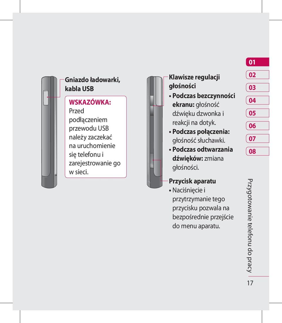 Klawisze regulacji głośności Podczas bezczynności ekranu: głośność dźwięku dzwonka i reakcji na dotyk.