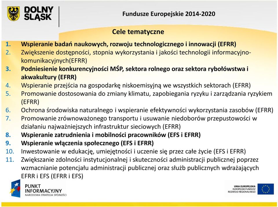 Promowanie dostosowania do zmiany klimatu, zapobiegania ryzyku i zarządzania ryzykiem (EFRR) 6. Ochrona środowiska naturalnego i wspieranie efektywności wykorzystania zasobów (EFRR) 7.