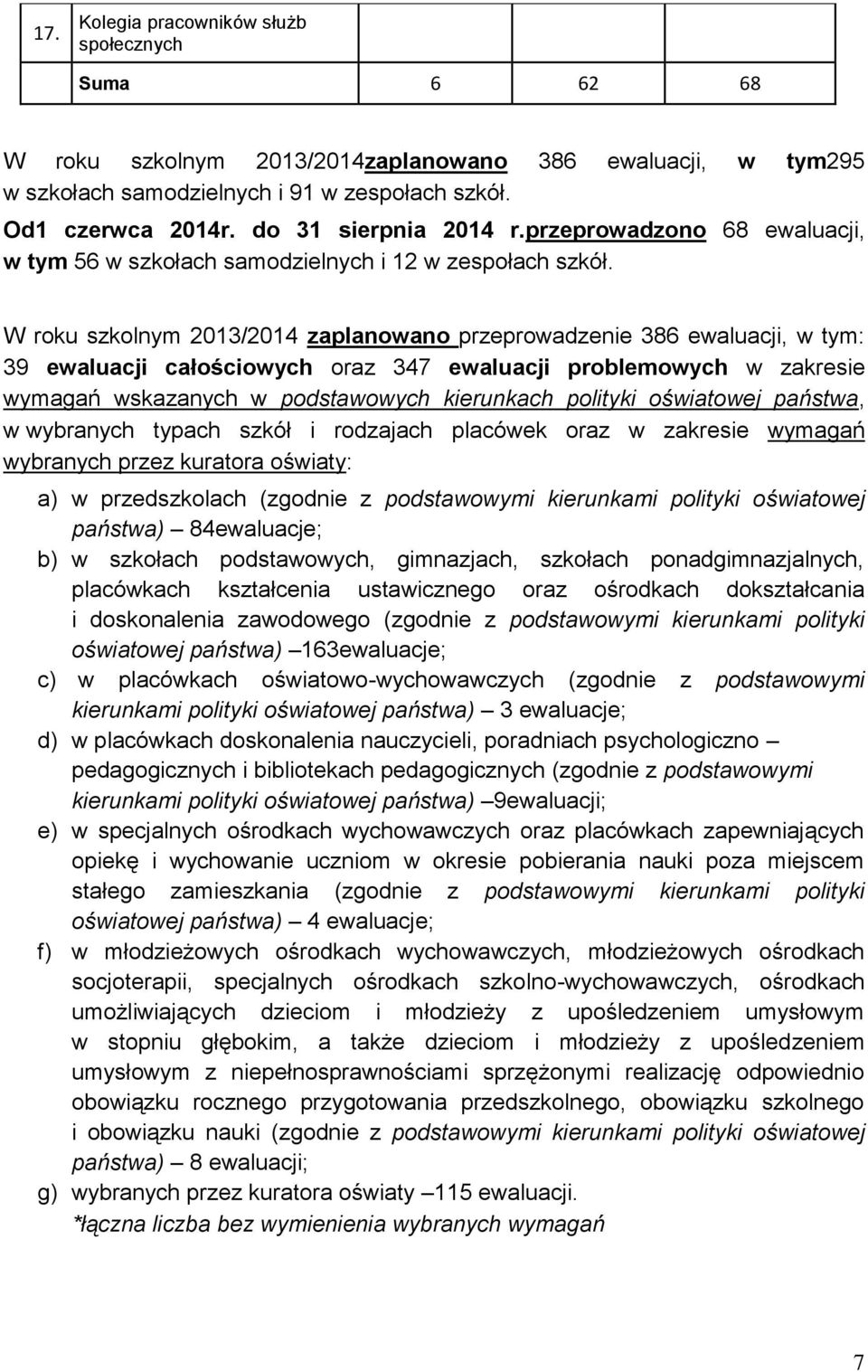 W roku szkolnym 2013/2014 zaplanowano przeprowadzenie 386 ewaluacji, w tym: 39 ewaluacji całościowych oraz 347 ewaluacji problemowych w zakresie wymagań wskazanych w podstawowych kierunkach polityki