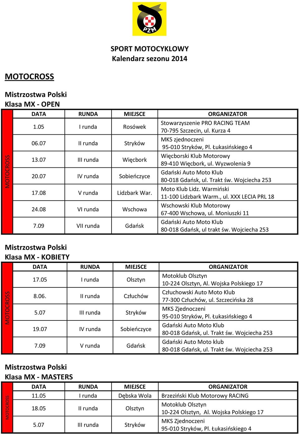 09 VII runda Gdańsk 80-018 Gdańsk, ul trakt św. Wojciecha 253 Klasa MX - KOBIETY 17.05 I runda Olsztyn 8.06.