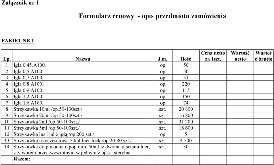50-100szt./ szt. 31 200 11 Strzykawka 5ml /op.50-100szt./ szt. 18 600 12 Strzykawka ins.1ml z igłą /op.200 szt./ op 5 13 Strzykawka trzyczęściowa 50ml luer-lock /op.