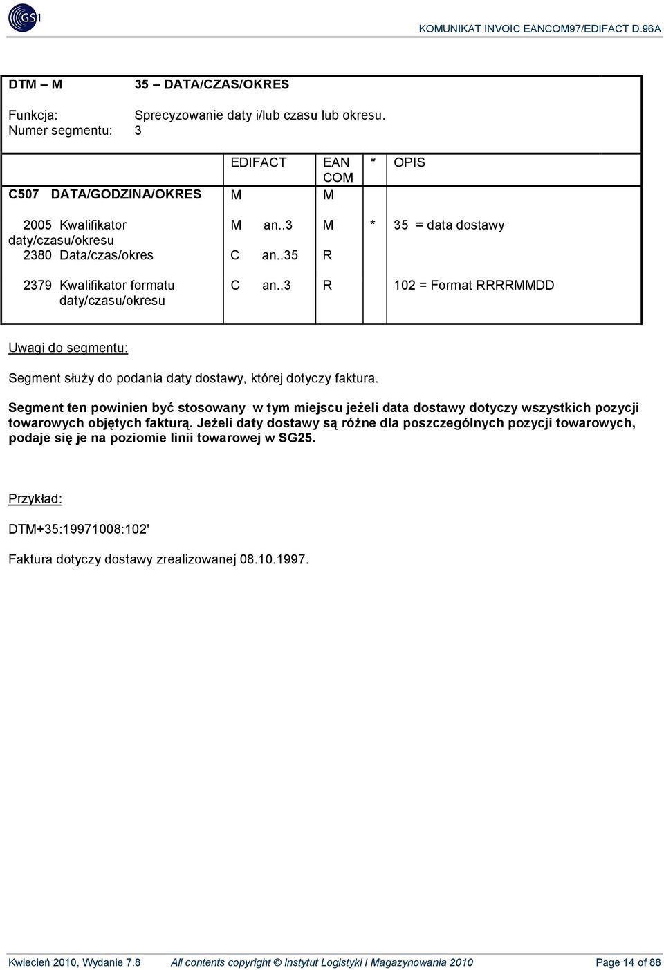 .3 R 102 = Format RRRRMMDD Segment służy do podania daty dostawy, której dotyczy faktura.