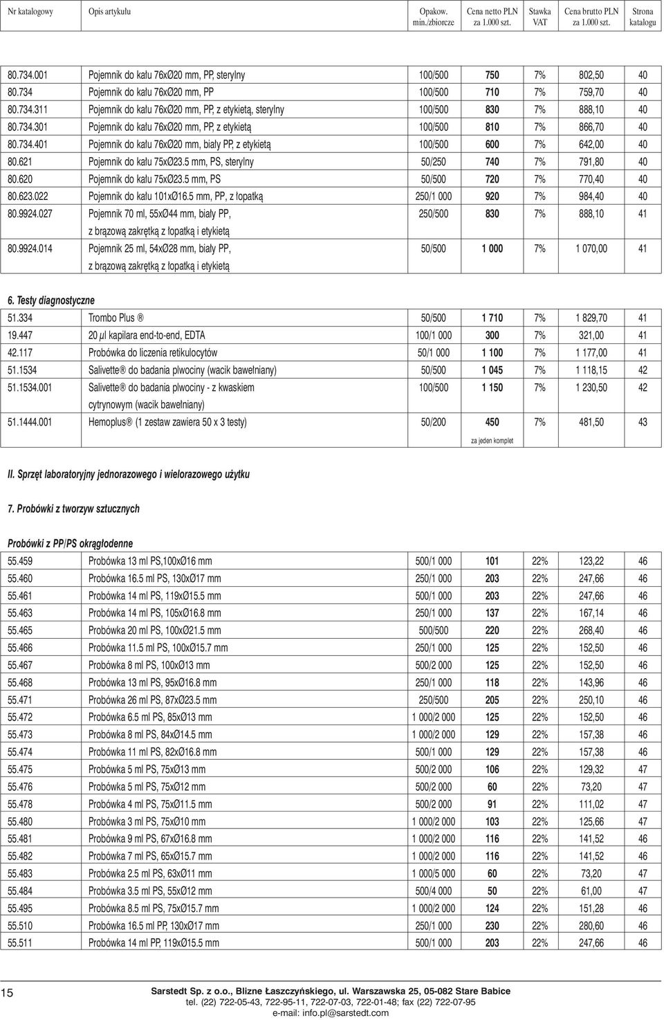 5 mm, PS, sterylny 50/250 740 7% 791,80 40 80.620 Pojemnik do ka u 75xØ23.5 mm, PS 50/500 720 7% 770,40 40 80.623.022 Pojemnik do ka u 101xØ16.5 mm, PP, z opatkà 250/1 000 920 7% 984,40 40 80.9924.