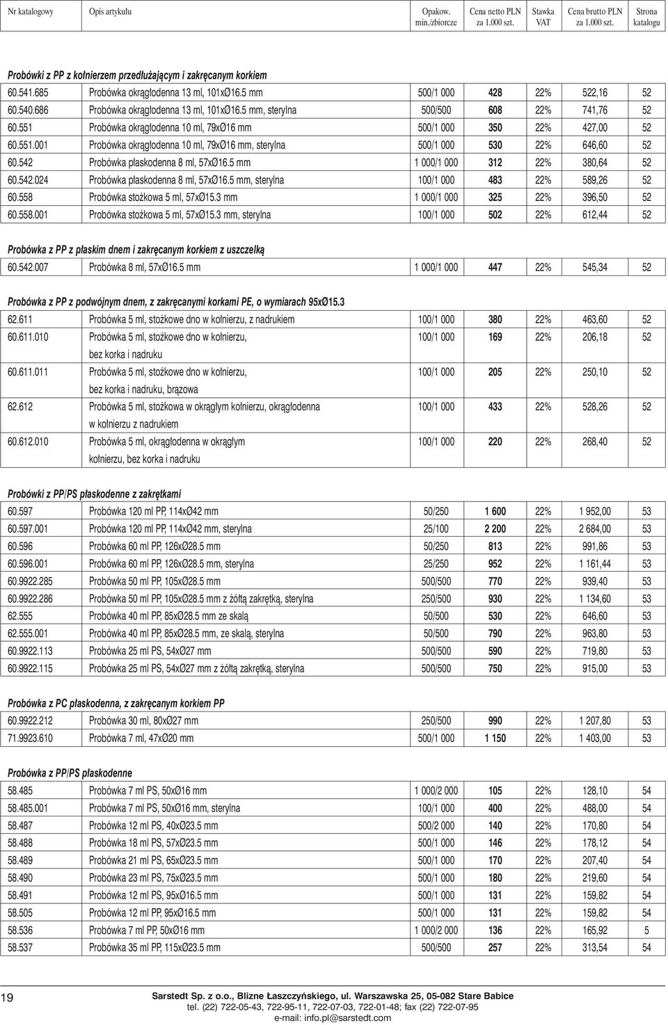 542 Probówka p askodenna 8 ml, 57xØ16.5 mm 1 000/1 000 312 22% 380,64 52 60.542.024 Probówka p askodenna 8 ml, 57xØ16.5 mm, sterylna 100/1 000 483 22% 589,26 52 60.558 Probówka sto kowa 5 ml, 57xØ15.
