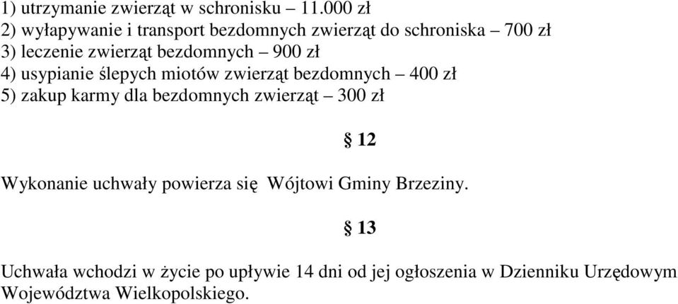 900 zł 4) usypianie ślepych miotów zwierząt bezdomnych 400 zł 5) zakup karmy dla bezdomnych zwierząt 300