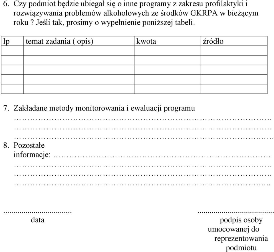 Jeśli tak, prosimy o wypełnienie poniższej tabeli. lp temat zadania ( opis) kwota źródło 7.