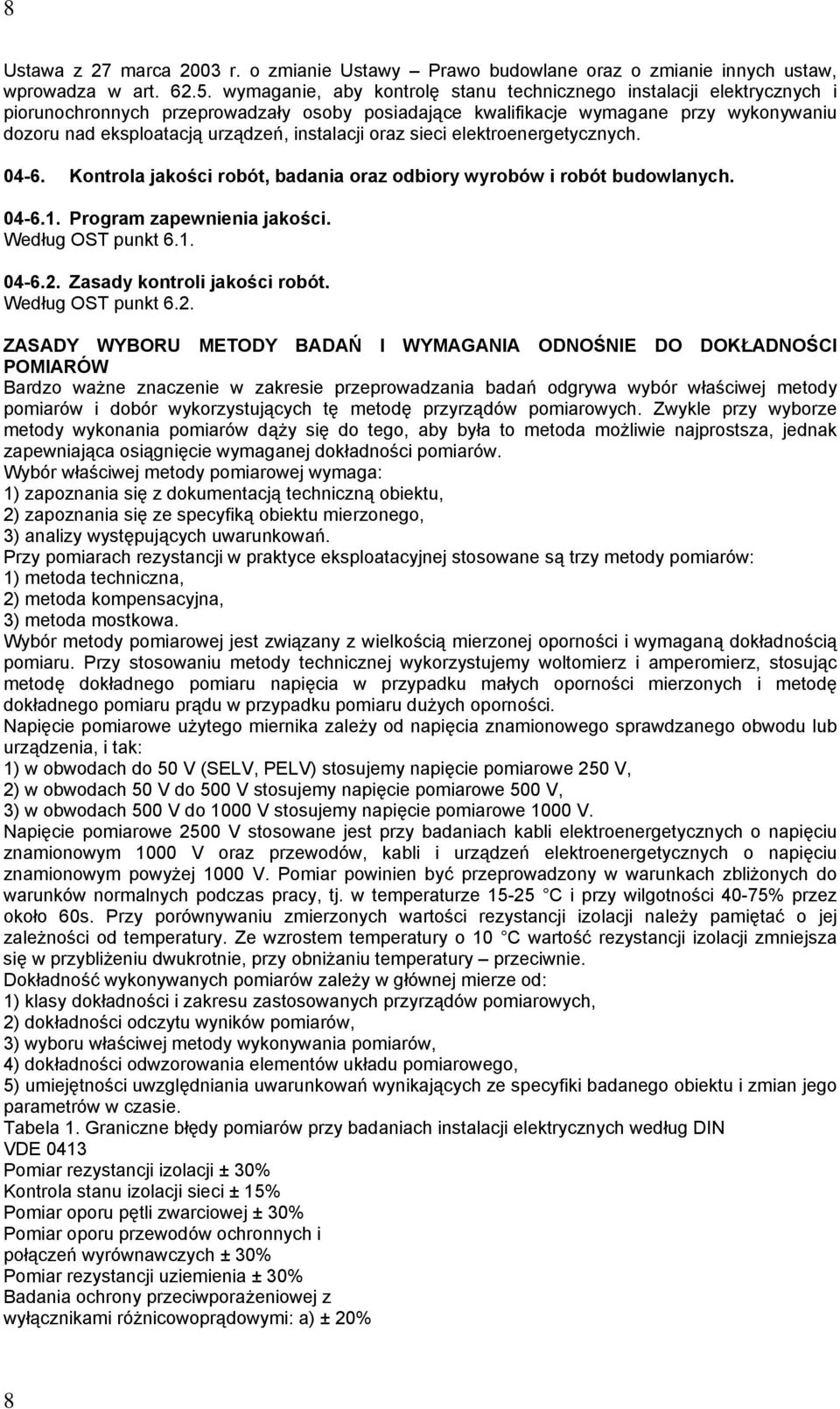 instalacji oraz sieci elektroenergetycznych. 04-6. Kontrola jakości robót, badania oraz odbiory wyrobów i robót budowlanych. 04-6.1. Program zapewnienia jakości. Według OST punkt 6.1. 04-6.2.