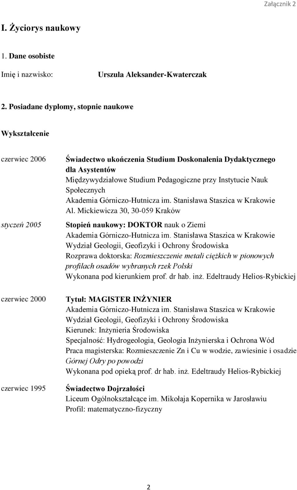 Instytucie Nauk Społecznych Akademia Górniczo-Hutnicza im. Stanisława Staszica w Krakowie Al. Mickiewicza 30, 30-059 Kraków Stopień naukowy: DOKTOR nauk o Ziemi Akademia Górniczo-Hutnicza im.