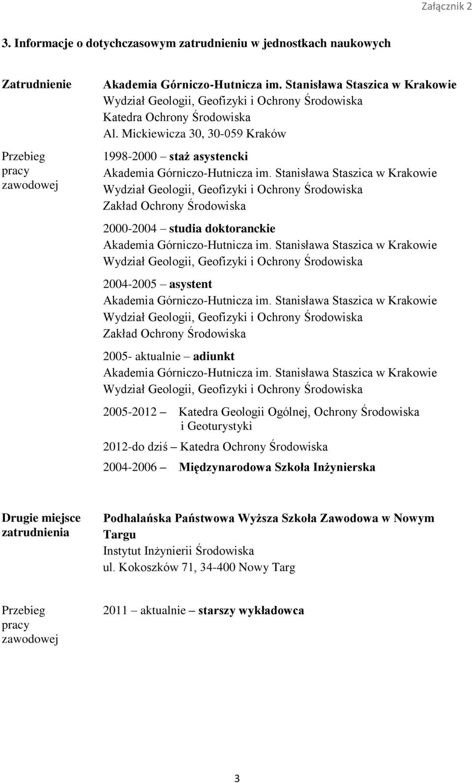 Stanisława Staszica w Krakowie Wydział Geologii, Geofizyki i Ochrony Środowiska Zakład Ochrony Środowiska 2000-2004 studia doktoranckie Akademia Górniczo-Hutnicza im.