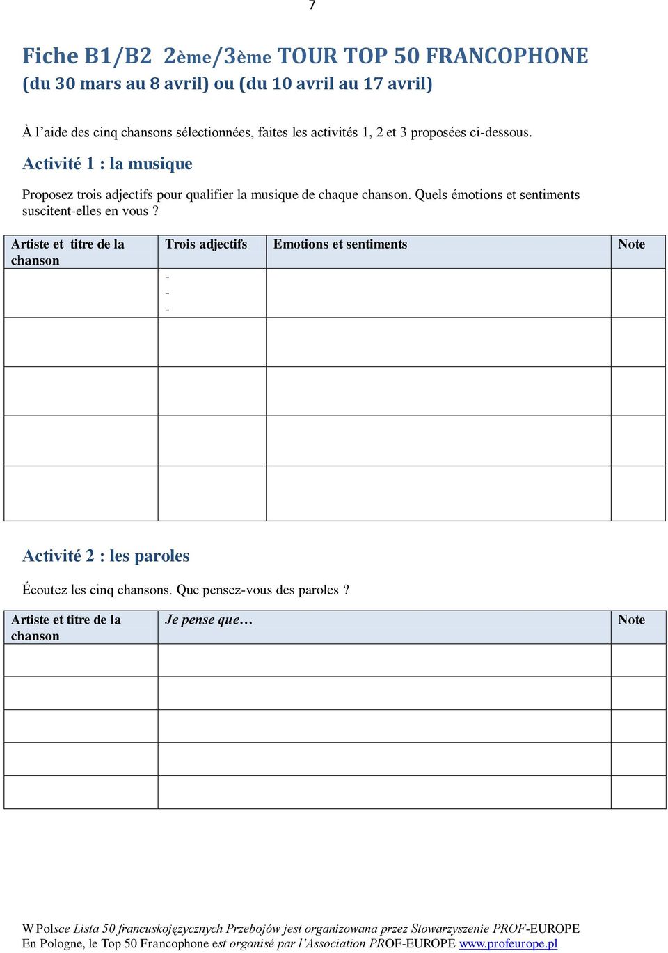 Activité 1 : la musique Proposez trois adjectifs pour qualifier la musique de chaque chanson.