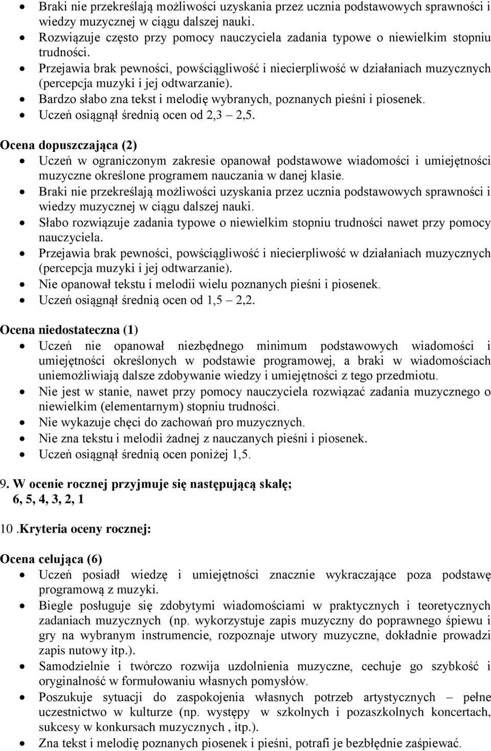 Przejawia brak pewności, powściągliwość i niecierpliwość w działaniach muzycznych (percepcja muzyki i jej odtwarzanie). Bardzo słabo zna tekst i melodię wybranych, poznanych pieśni i piosenek.