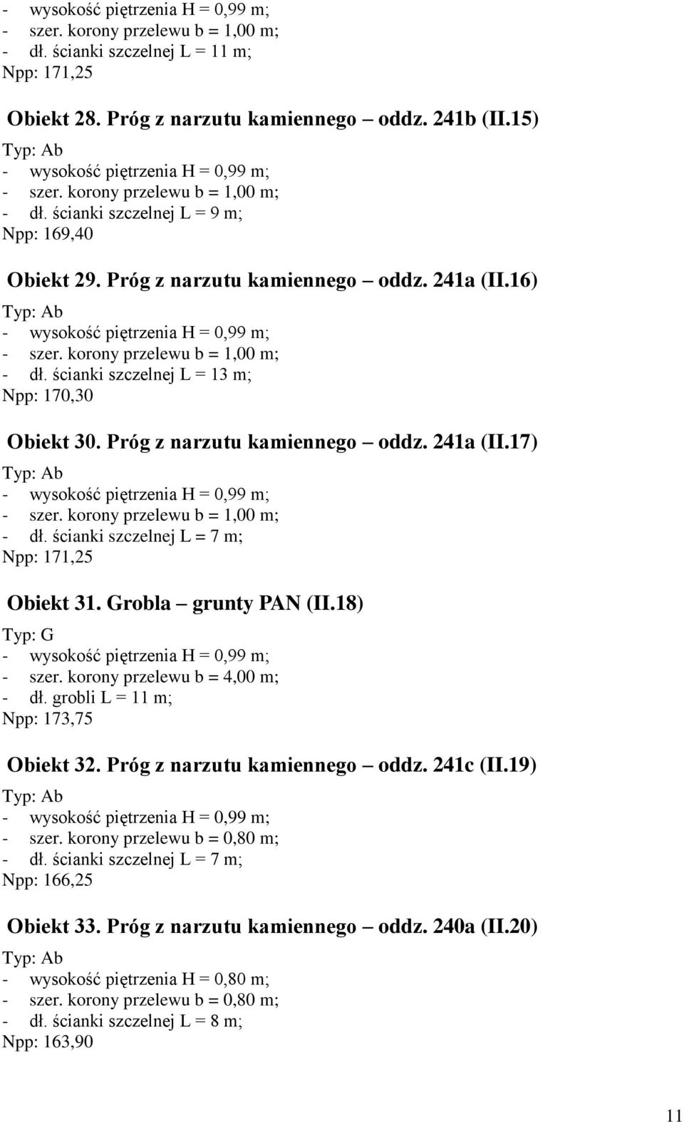 ścianki szczelnej L = 7 m; Npp: 171,25 Obiekt 31. Grobla grunty PAN (II.18) Typ: G - szer. korony przelewu b = 4,00 m; - dł. grobli L = 11 m; Npp: 173,75 Obiekt 32.