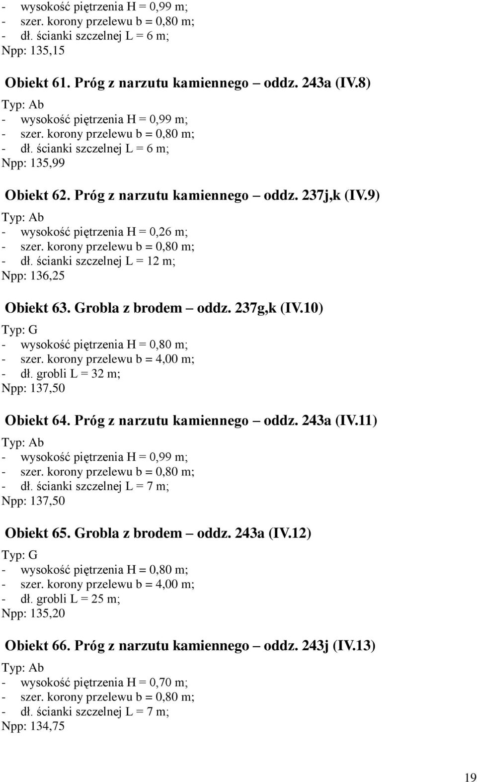 korony przelewu b = 4,00 m; - dł. grobli L = 32 m; Npp: 137,50 Obiekt 64. Próg z narzutu kamiennego oddz. 243a (IV.11) - dł. ścianki szczelnej L = 7 m; Npp: 137,50 Obiekt 65. Grobla z brodem oddz.