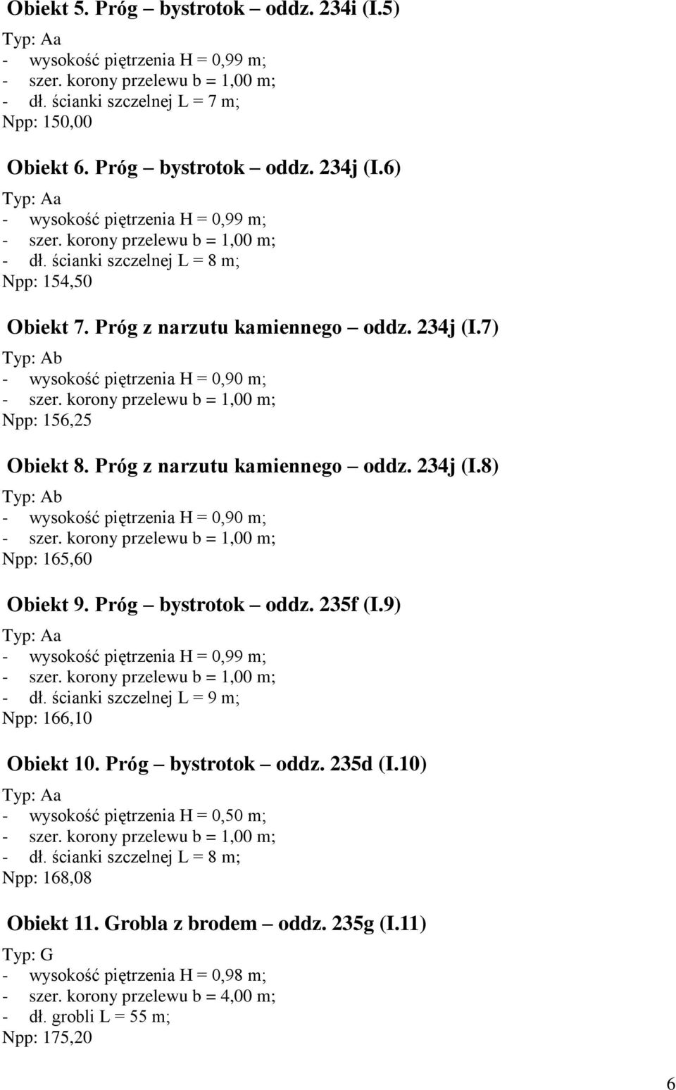 Próg bystrotok oddz. 235f (I.9) Typ: Aa - dł. ścianki szczelnej L = 9 m; Npp: 166,10 Obiekt 10. Próg bystrotok oddz. 235d (I.10) Typ: Aa - wysokość piętrzenia H = 0,50 m; - dł.