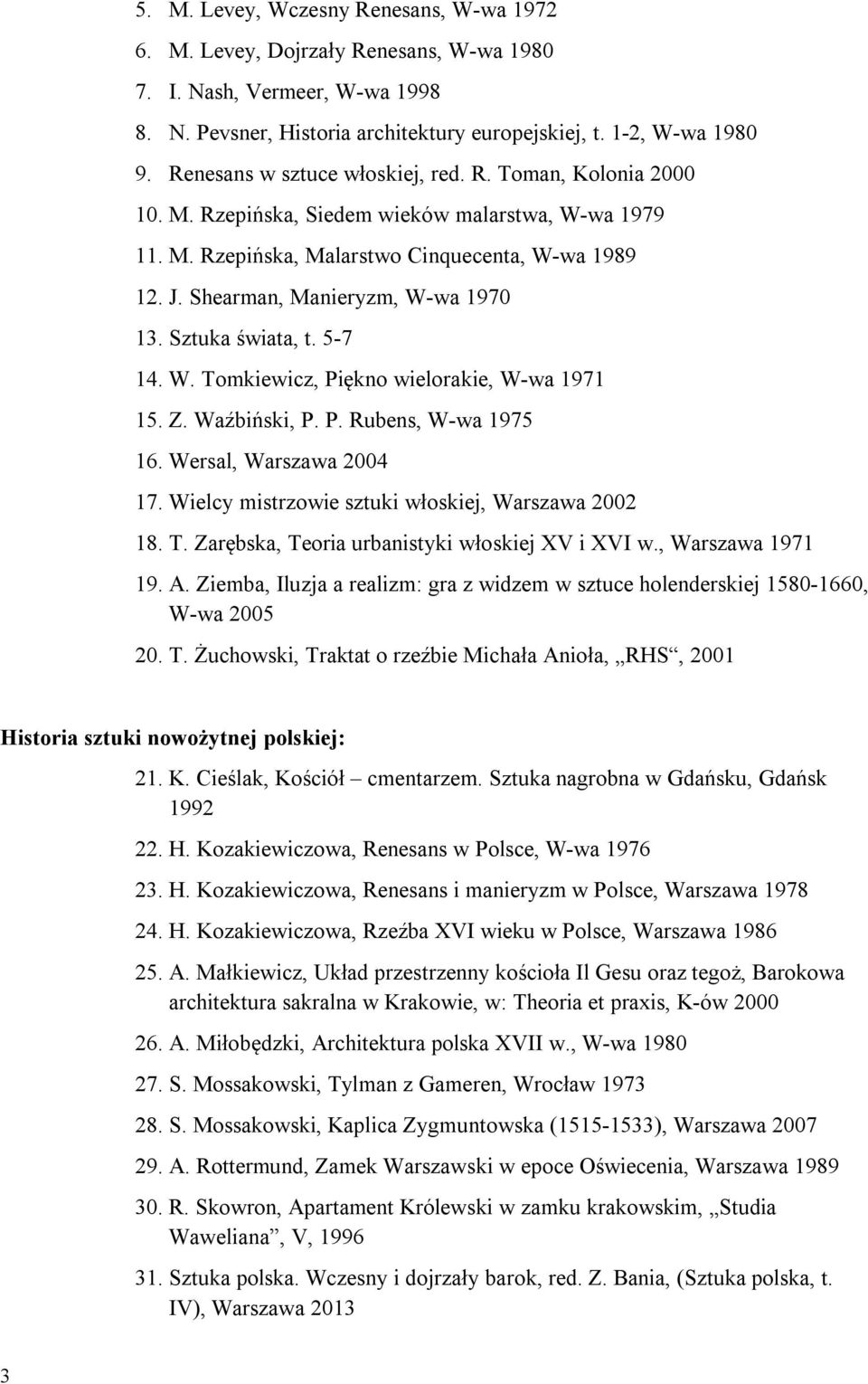 Shearman, Manieryzm, W-wa 1970 13. Sztuka świata, t. 5-7 14. W. Tomkiewicz, Piękno wielorakie, W-wa 1971 15. Z. Waźbiński, P. P. Rubens, W-wa 1975 16. Wersal, Warszawa 2004 17.