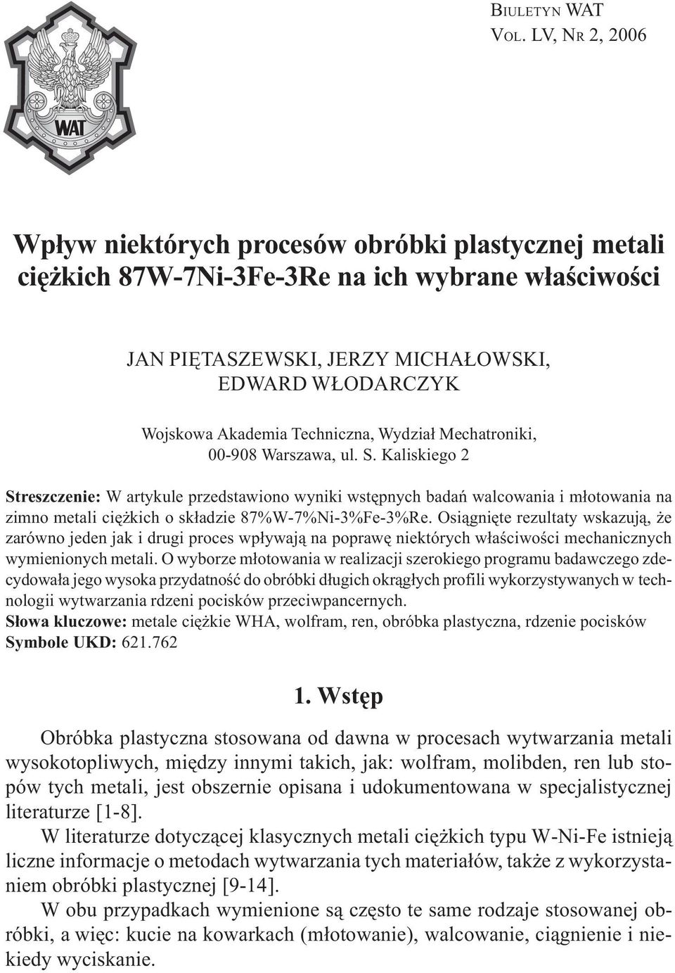 Techniczna, Wydzia³ Mechatroniki, 00-908 Warszawa, ul. S.