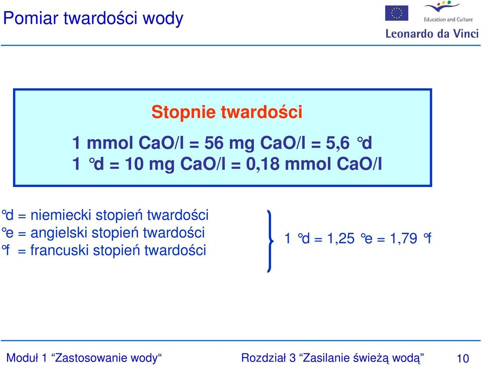 = angielski stopień twardości f = francuski stopień twardości 1 d = 1,25