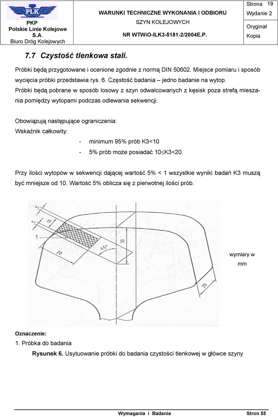 Obowiązują następujące ograniczenia: Wskaźnik całkowity: - minimum 95% prób K3<10-5% prób może posiadać 10 K3<20.