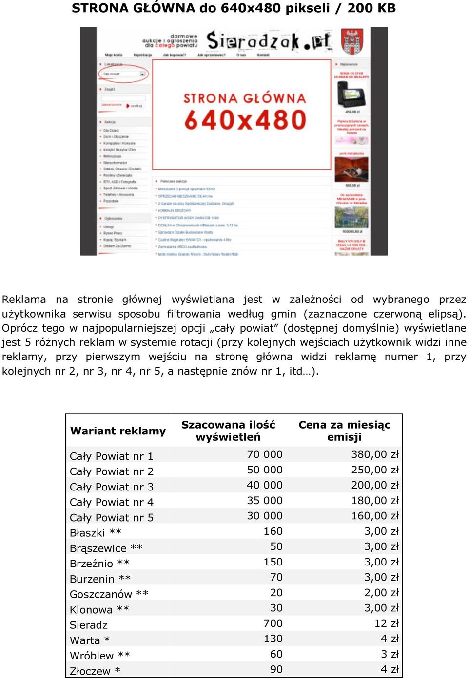 wejściu na stronę główna widzi reklamę numer 1, przy kolejnych nr 2, nr 3, nr 4, nr 5, a następnie znów nr 1, itd ).