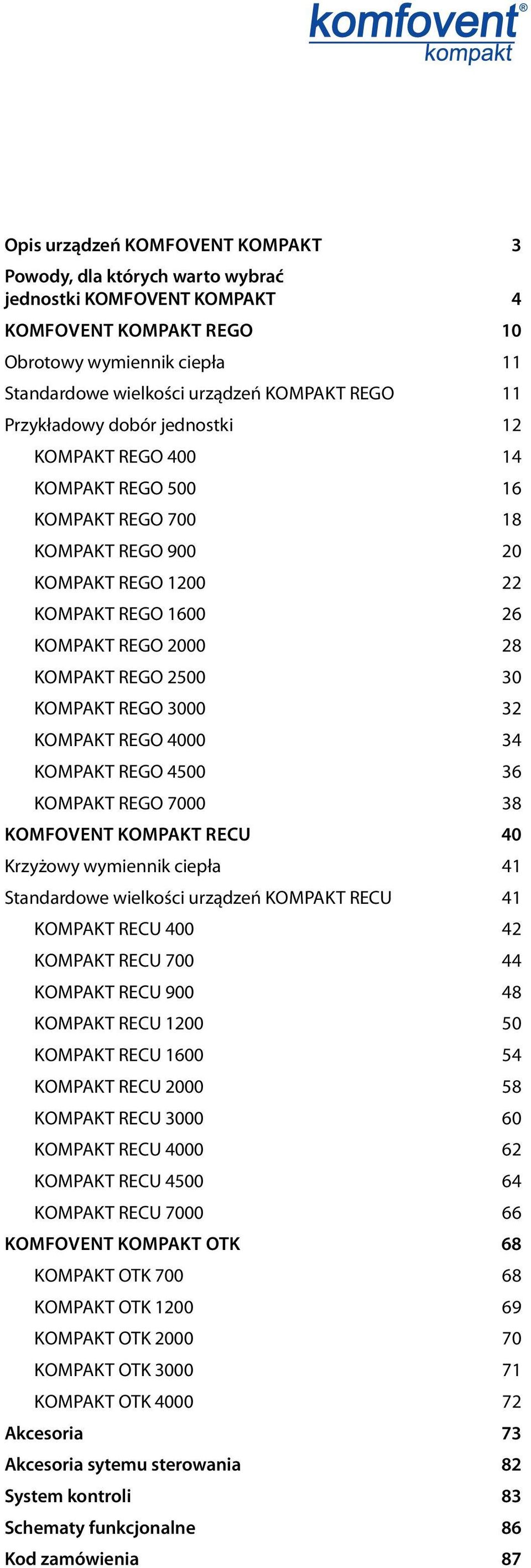 Kompakt REGO 3000 32 Kompakt REGO 4000 34 Kompakt REGO 4500 36 Kompakt REGO 7000 38 Komfovent kompakt reu 40 Krzyżowy wymiennik ciepła 41 Standardowe wielkości urządzeń Kompakt REU 41 Kompakt REU 400