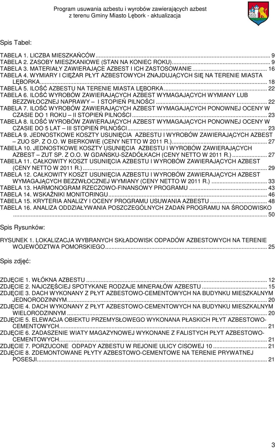 ILOŚĆ WYROBÓW ZAWIERAJĄCYCH AZBEST WYMAGAJĄCYCH WYMIANY LUB BEZZWŁOCZNEJ NAPRAWY I STOPIEŃ PILNOŚCI... 22 TABELA 7.