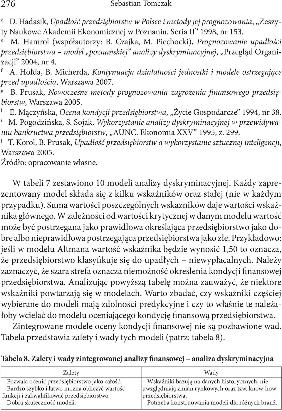 Micherda, Kontynuacja działalności jednostki i modele ostrzegające przed upadłością, Warszawa 2007. g B. Prusak, Nowoczesne metody prognozowania zagrożenia finansowego przedsiębiorstw, Warszawa 2005.