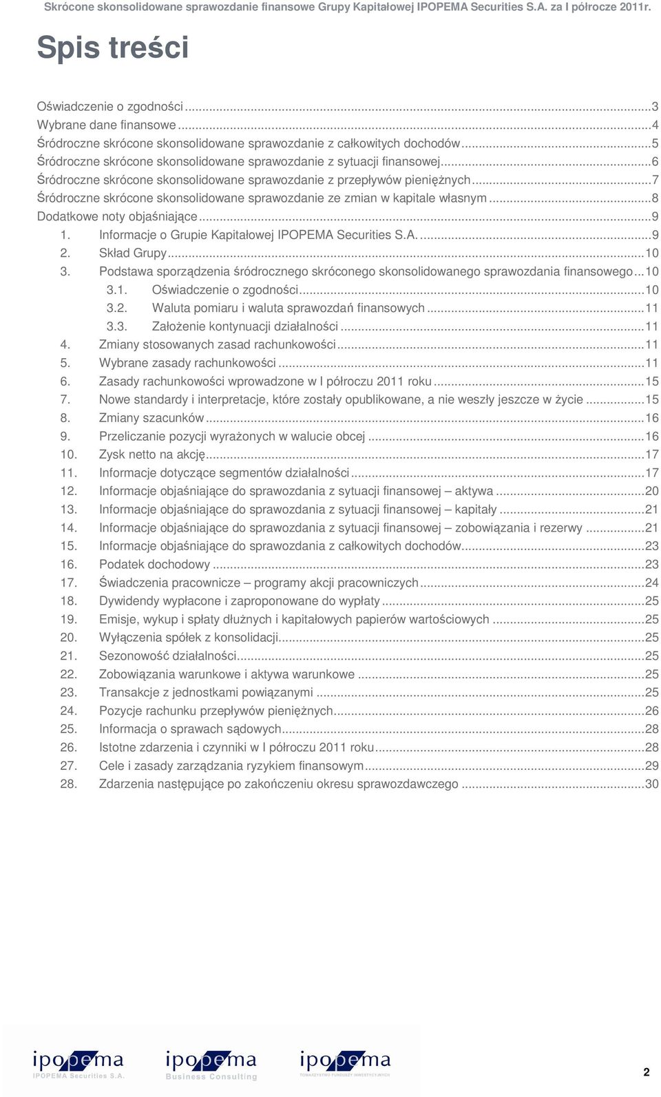 .. 7 Śródroczne skrócone skonsolidowane sprawozdanie ze zmian w kapitale własnym... 8 Dodatkowe noty objaśniające... 9 1. Informacje o Grupie Kapitałowej IPOPEMA Securities S.A.... 9 2. Skład Grupy.