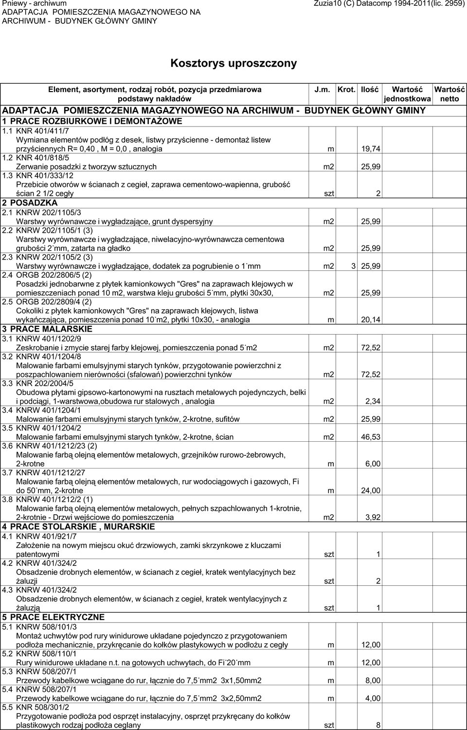 2 KNR 401/818/5 Zerwanie posadzki z tworzyw sztucznych m2 25,99 1.3 KNR 401/333/12 Przebicie otworów w ścianach z cegieł, zaprawa cementowo-wapienna, grubość ścian 2 1/2 cegły szt 2 2 POSADZKA 2.