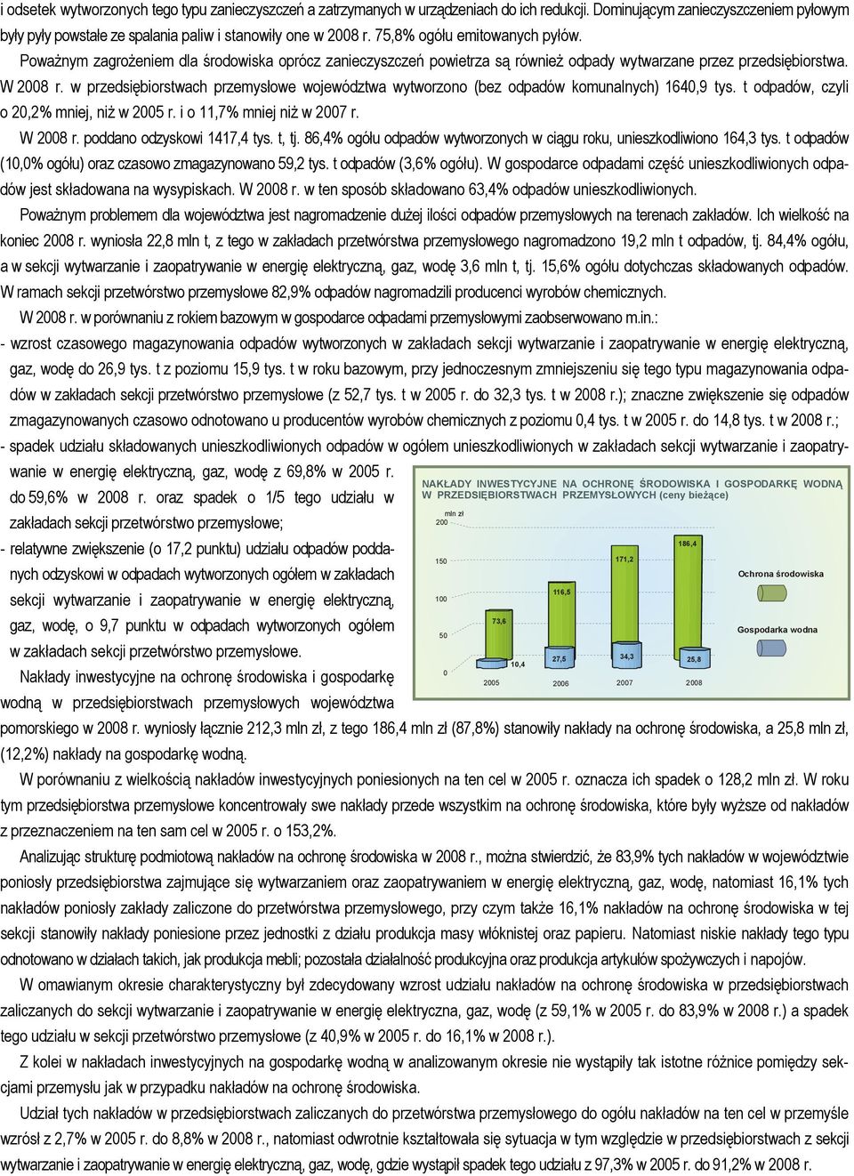 w przedsiębiorstwach przemysłowe województwa wytworzono (bez odpadów komunalnych) 164,9 tys. t odpadów, czyli o 2,2% mniej, niż w 25 r. i o 11,7% mniej niż w 27 r. W 28 r.