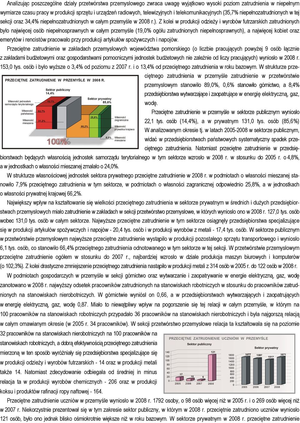 Z kolei w produkcji odzieży i wyrobów futrzarskich zatrudnionych było najwięcej osób niepełnosprawnych w całym przemyśle (19,% ogółu zatrudnionych niepełnosprawnych), a najwięcej kobiet oraz emerytów