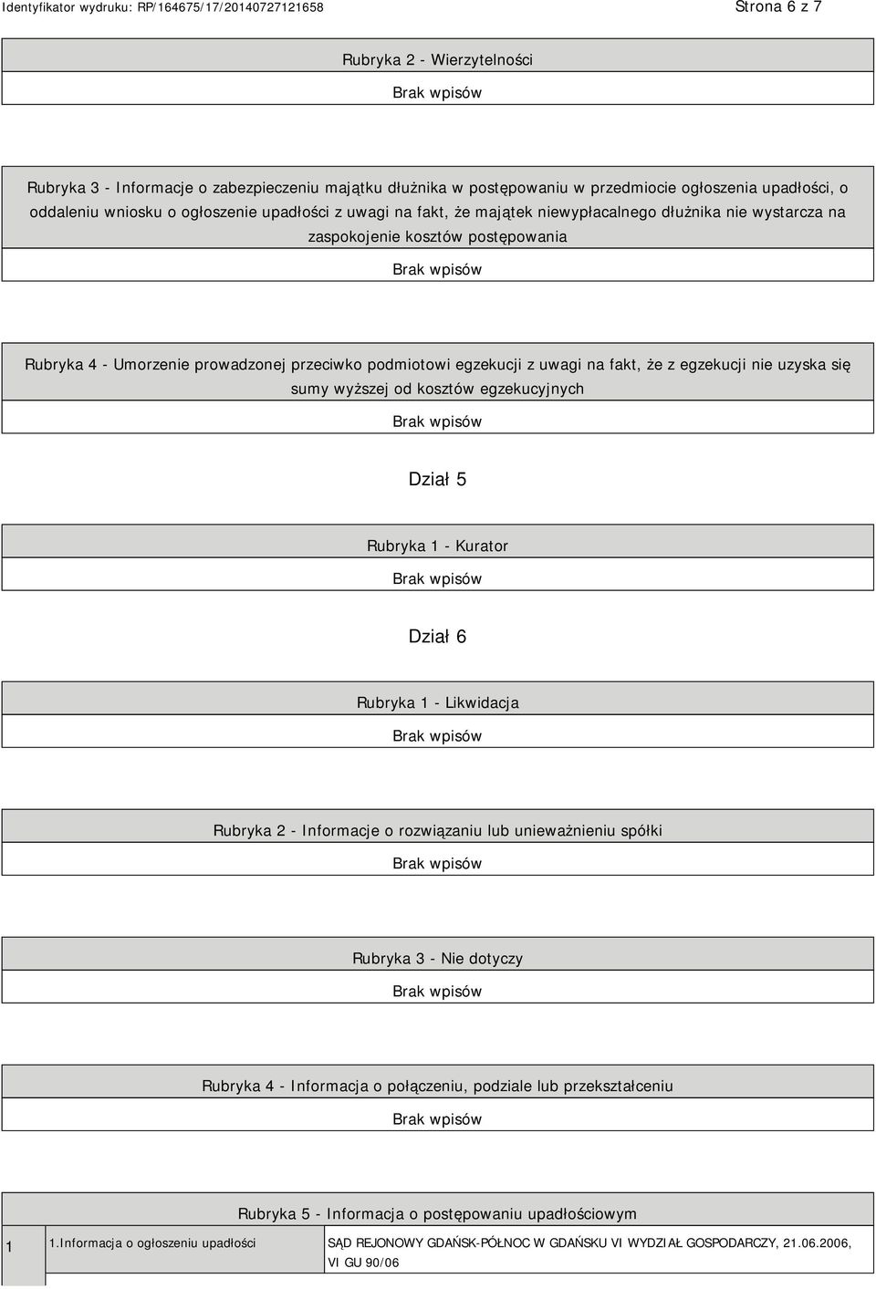 uzyska się sumy wyższej od kosztów egzekucyjnych Dział 5 Rubryka 1 - Kurator Dział 6 Rubryka 1 - Likwidacja Rubryka 2 - Informacje o rozwiązaniu lub unieważnieniu spółki Rubryka 3 - Nie dotyczy