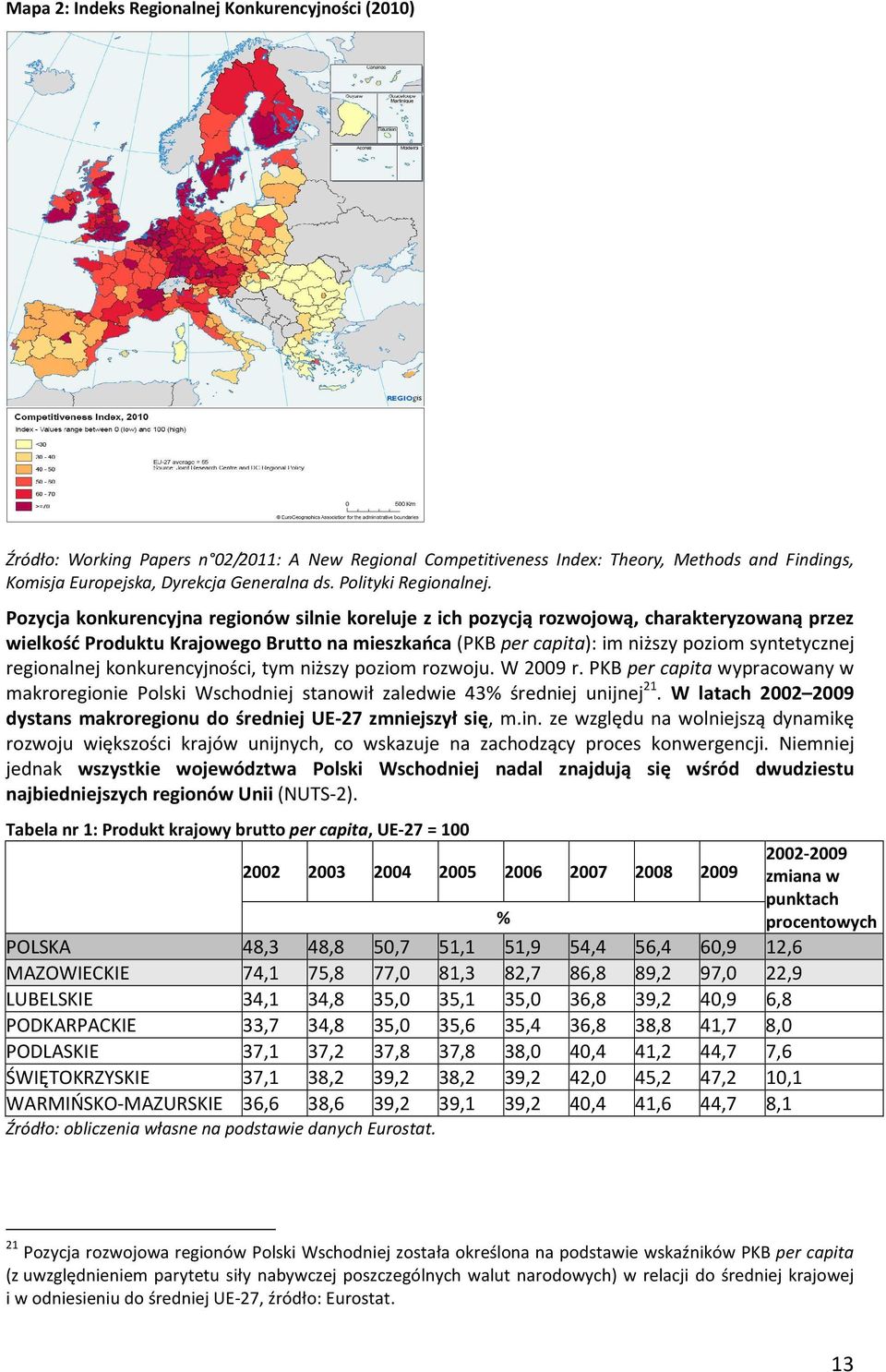Pozycja konkurencyjna regionów silnie koreluje z ich pozycją rozwojową, charakteryzowaną przez wielkość Produktu Krajowego Brutto na mieszkańca (PKB per capita): im niższy poziom syntetycznej