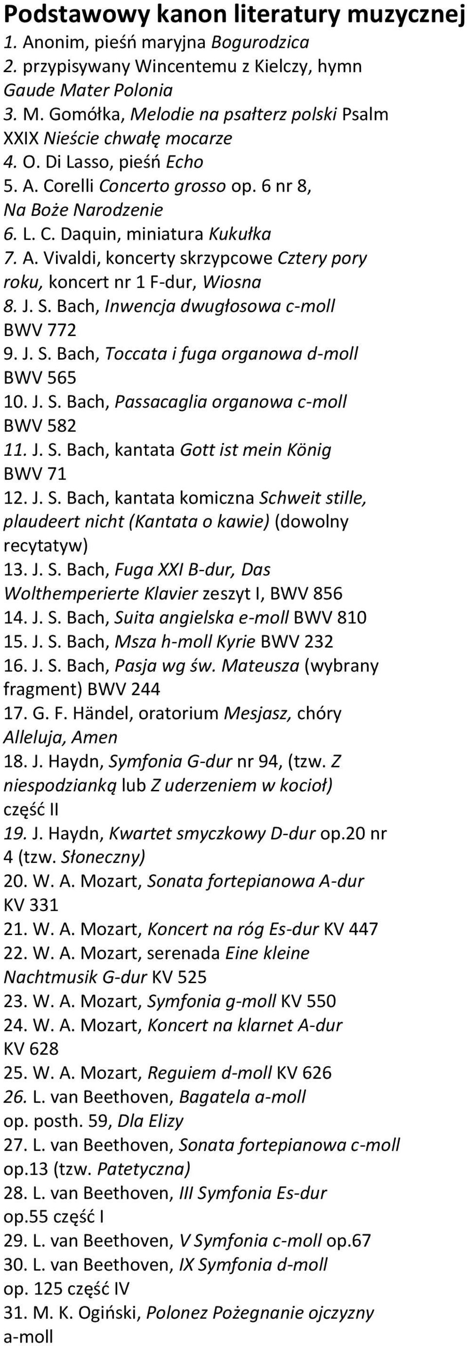 J. S. Bach, Inwencja dwugłosowa c-moll BWV 772 9. J. S. Bach, Toccata i fuga organowa d-moll BWV 565 10. J. S. Bach, Passacaglia organowa c-moll BWV 582 11. J. S. Bach, kantata Gott ist mein König BWV 71 12.