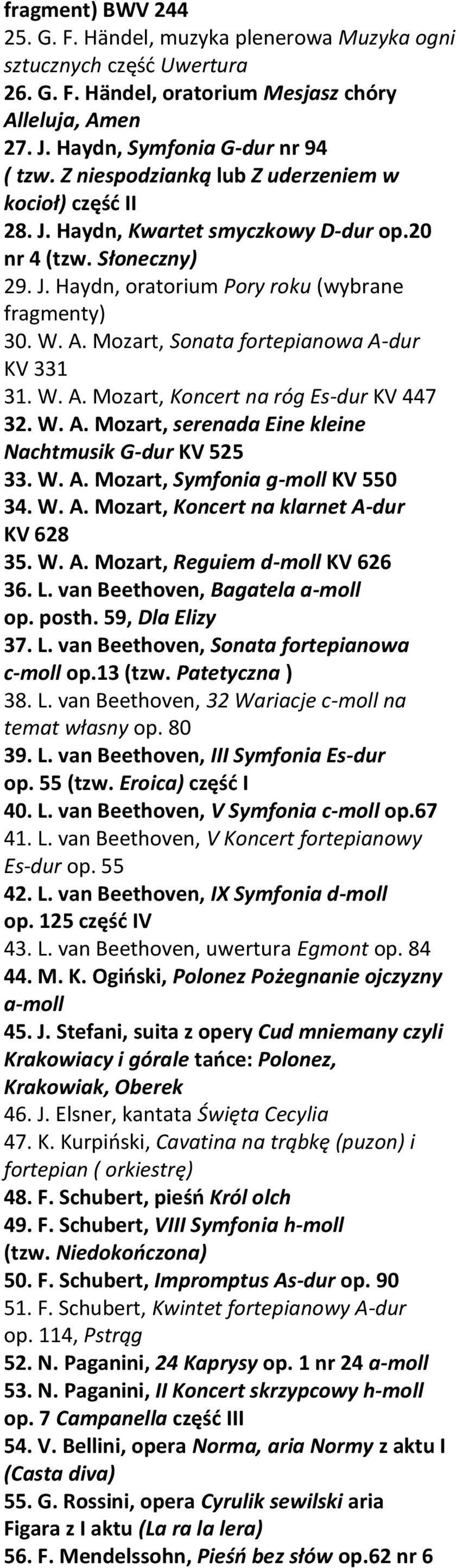 Mozart, Sonata fortepianowa A-dur KV 331 31. W. A. Mozart, Koncert na róg Es-dur KV 447 32. W. A. Mozart, serenada Eine kleine Nachtmusik G-dur KV 525 33. W. A. Mozart, Symfonia g-moll KV 550 34. W. A. Mozart, Koncert na klarnet A-dur KV 628 35.