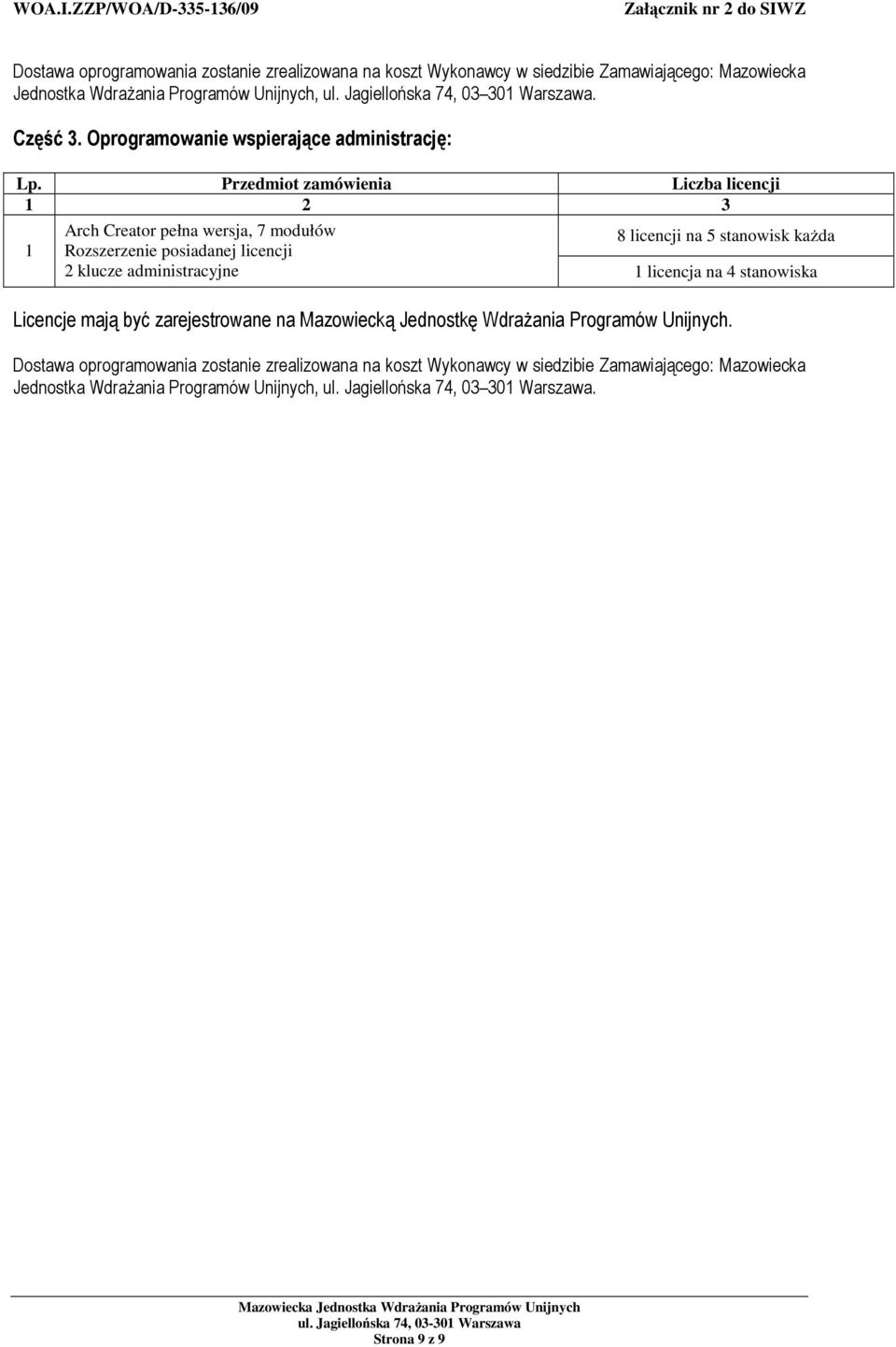 Przedmiot zamówienia Liczba licencji 1 2 3 1 Arch Creator pełna wersja, 7 modułów Rozszerzenie posiadanej licencji 8 licencji na 5 stanowisk kaŝda 2 klucze administracyjne 1