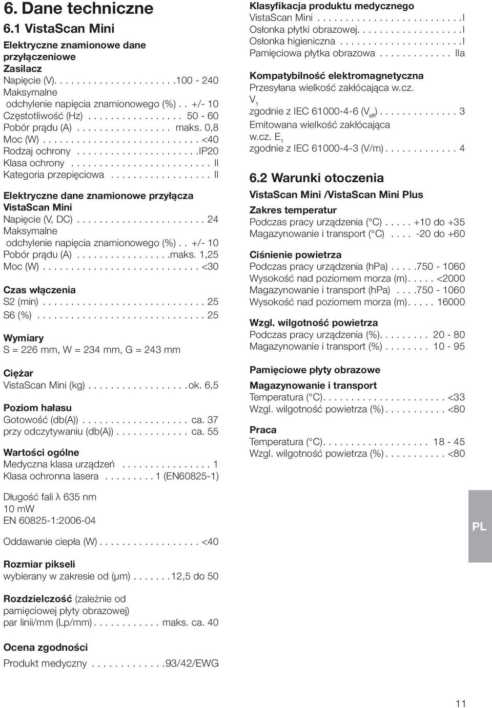 ........................ II Kategoria przepięciowa.................. II Elektryczne dane znamionowe przyłącza VistaScan Mini Napięcie (V, DC)....................... 24 Maksymalne odchylenie napięcia znamionowego (%).