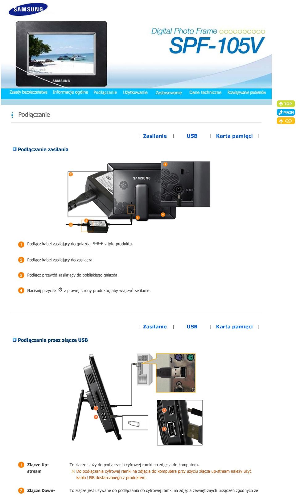 Zasilanie USB Karta pamięci Podłączanie przez złącze USB Złącze Upstream To złącze służy do podłączania cyfrowej ramki na zdjęcia do komputera.