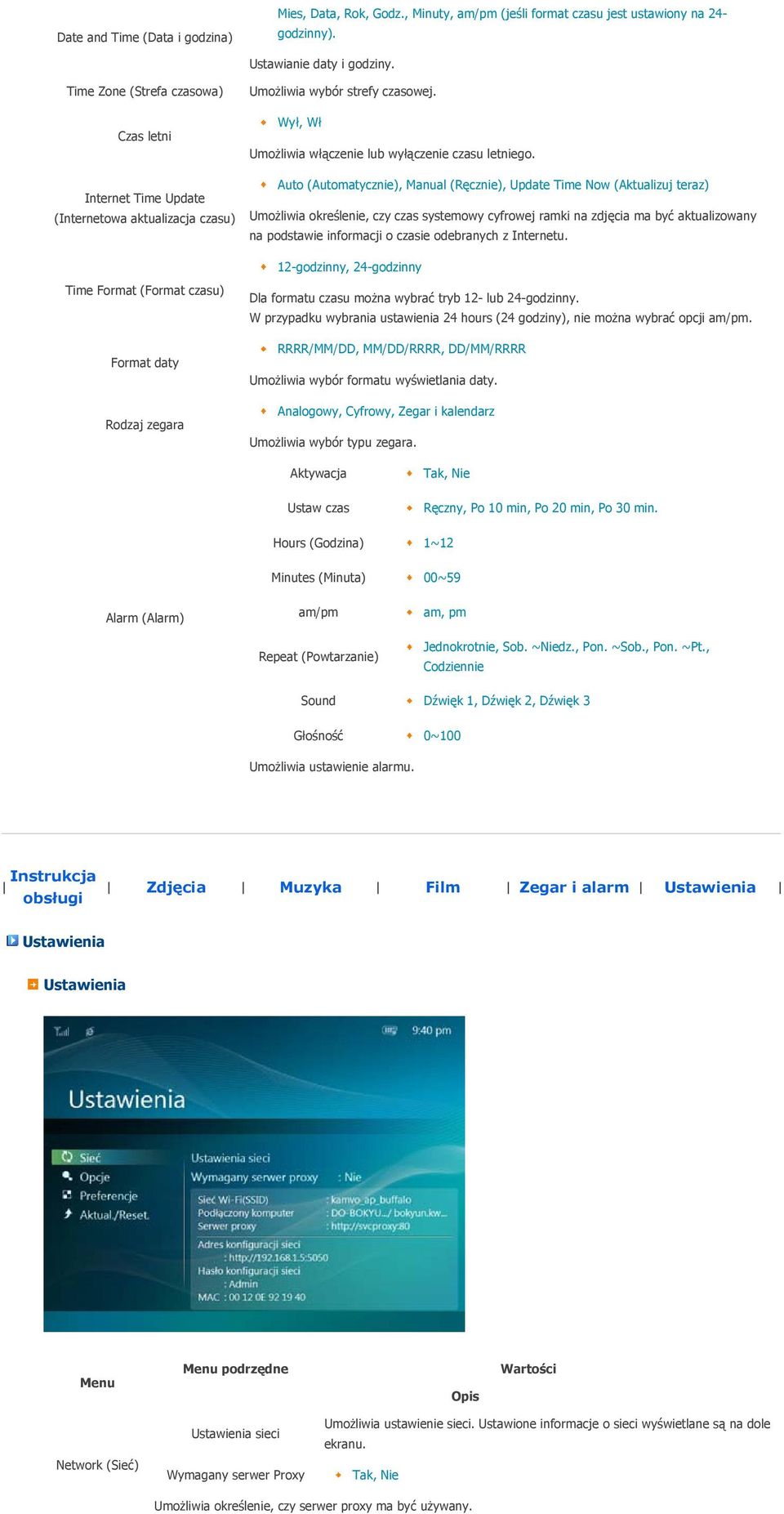 Auto (Automatycznie), Manual (Ręcznie), Update Time Now (Aktualizuj teraz) Umożliwia określenie, czy czas systemowy cyfrowej ramki na zdjęcia ma być aktualizowany na podstawie informacji o czasie