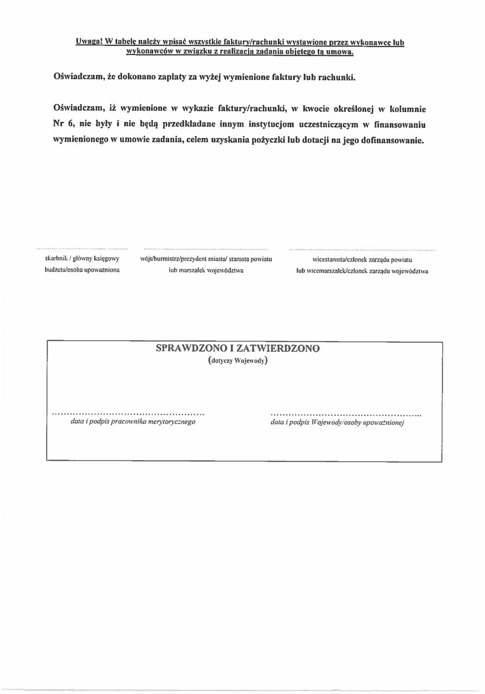 Oświadczam, iż wymienione w wykazie faktury/rachunki, w kwocie określonej iy kolumnie Nr 6, nie były i nie będą przedkladane innym instytucjom uczestniczącym w finansowaniu wymienionego iy umowie
