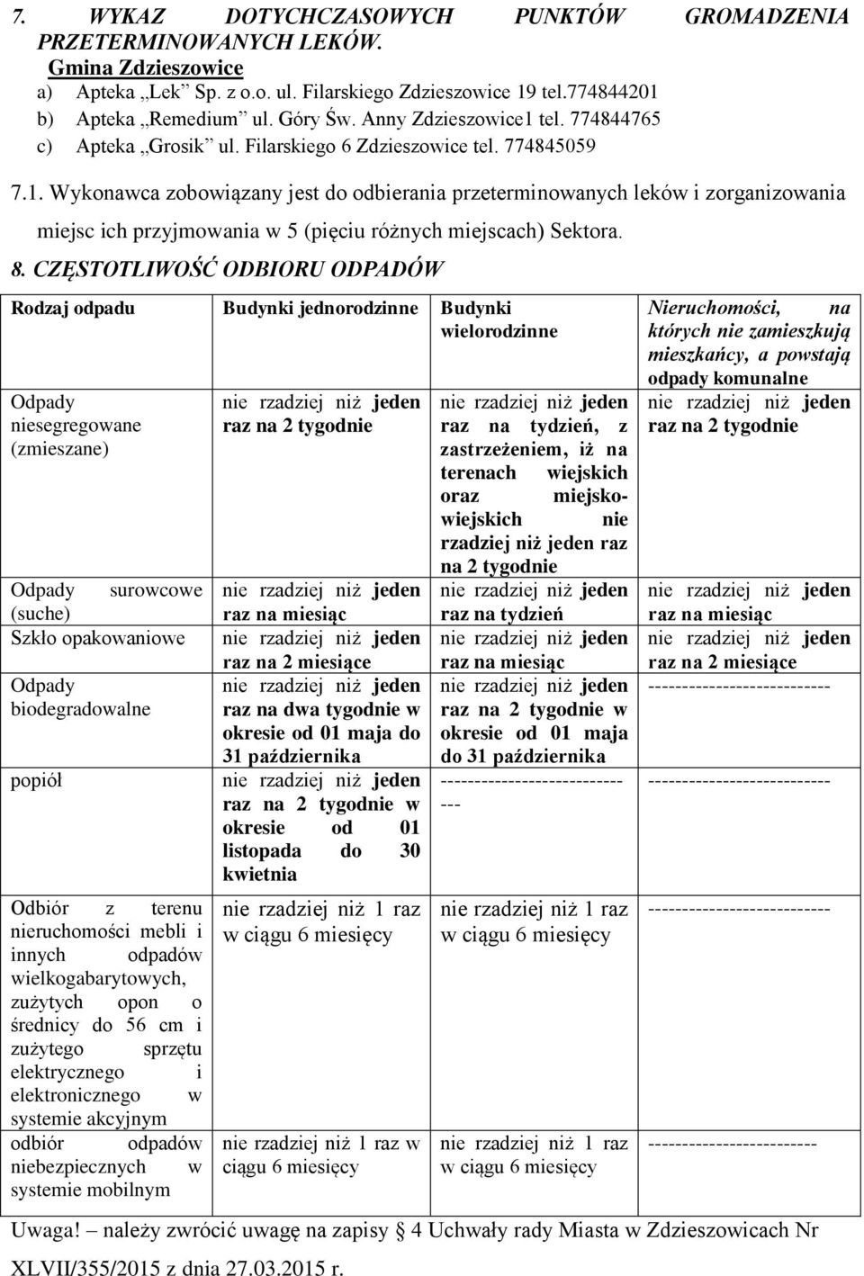 8. CZĘSTOTLIWOŚĆ ODBIORU ODPADÓW Rodzaj odpadu Budynki jednorodzinne Budynki wielorodzinne Odpady niesegregowane (zmieszane) Odpady surowcowe (suche) Szkło opakowaniowe Odpady biodegradowalne popiół