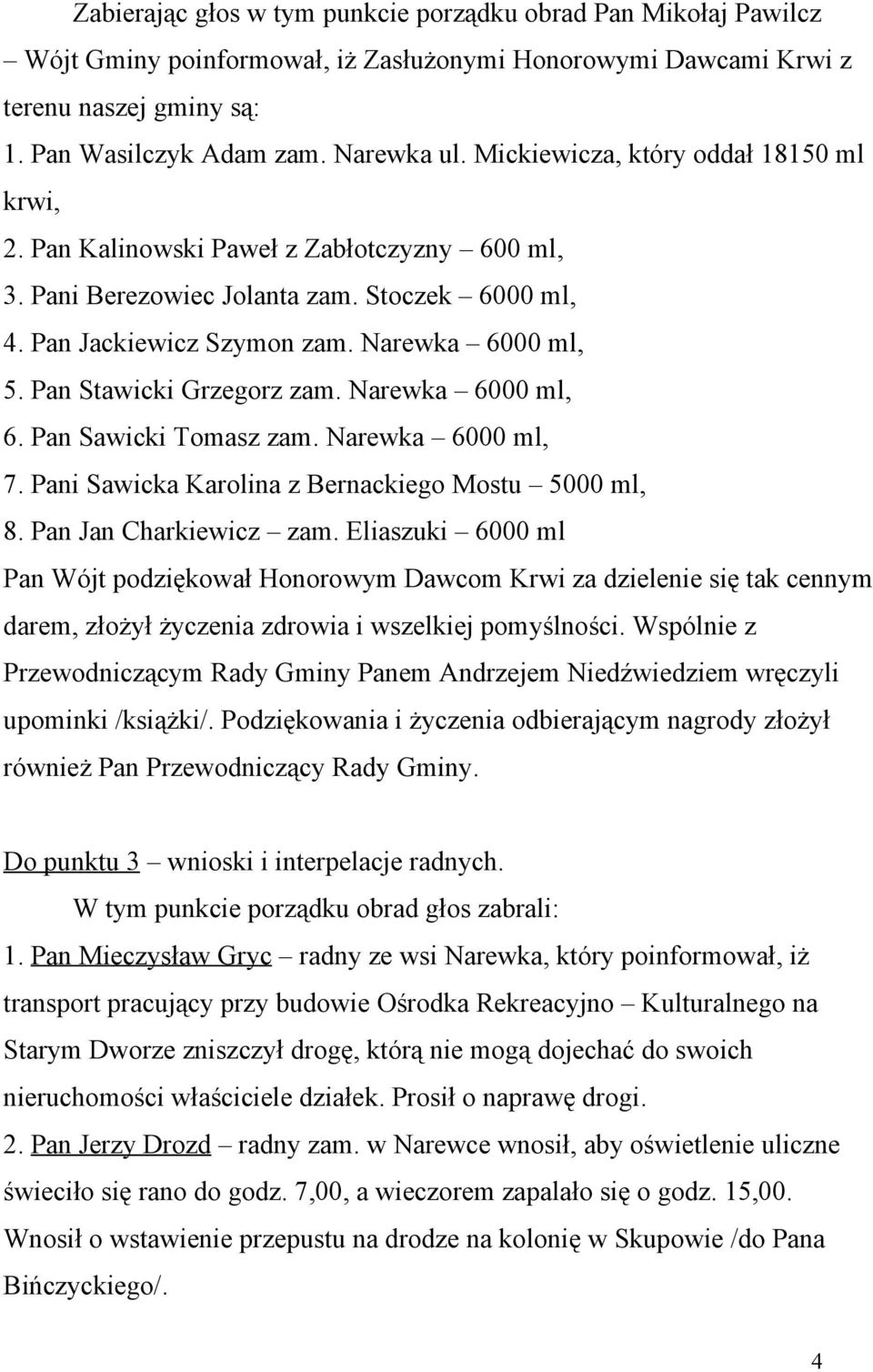 Pan Stawicki Grzegorz zam. Narewka 6000 ml, 6. Pan Sawicki Tomasz zam. Narewka 6000 ml, 7. Pani Sawicka Karolina z Bernackiego Mostu 5000 ml, 8. Pan Jan Charkiewicz zam.