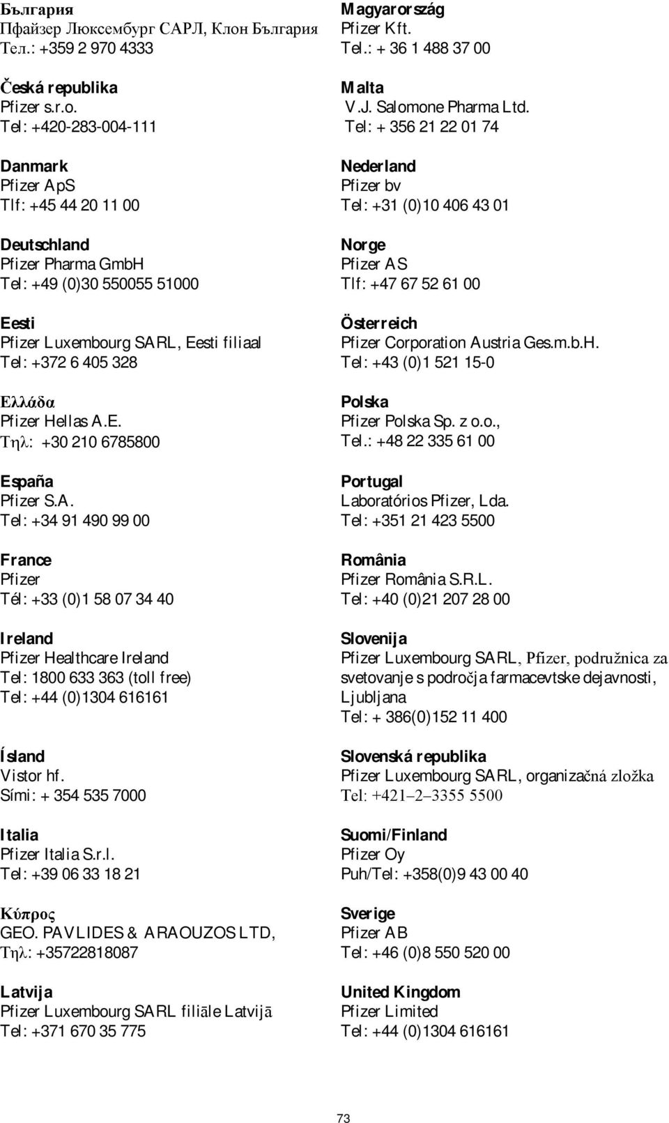 Tel: + 356 21 22 01 74 Nederland Pfizer bv Tel: +31 (0)10 406 43 01 Norge Pfizer AS Tlf: +47 67 52 61 00 Eesti Pfizer Luxembourg SARL, Eesti filiaal Tel: +372 6 405 328 Pfizer Hellas A.E. : +30 210 6785800 España Pfizer S.