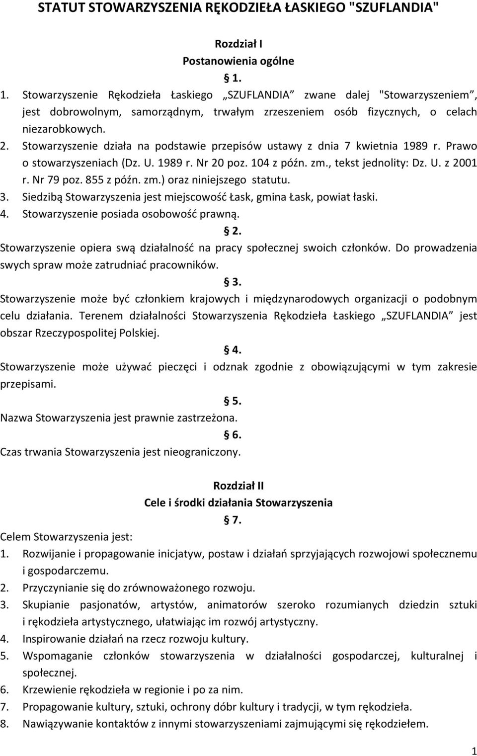 Stowarzyszenie działa na podstawie przepisów ustawy z dnia 7 kwietnia 1989 r. Prawo o stowarzyszeniach (Dz. U. 1989 r. Nr 20 poz. 104 z późn. zm., tekst jednolity: Dz. U. z 2001 r. Nr 79 poz.