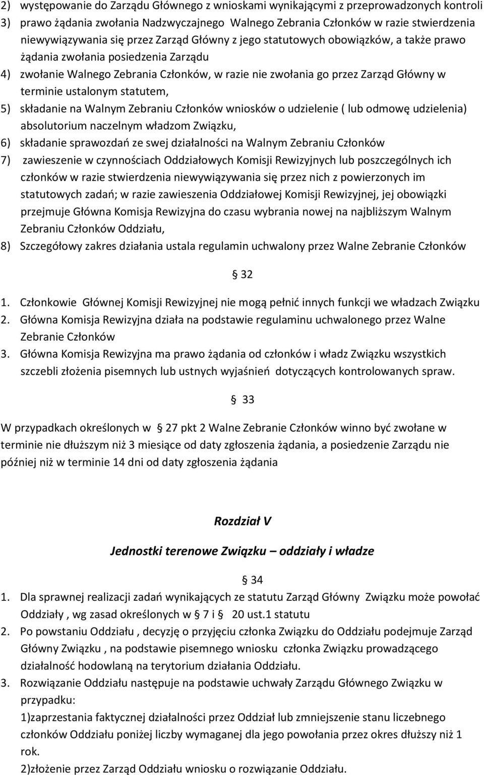 ustalonym statutem, 5) składanie na Walnym Zebraniu Członków wniosków o udzielenie ( lub odmowę udzielenia) absolutorium naczelnym władzom Związku, 6) składanie sprawozdań ze swej działalności na