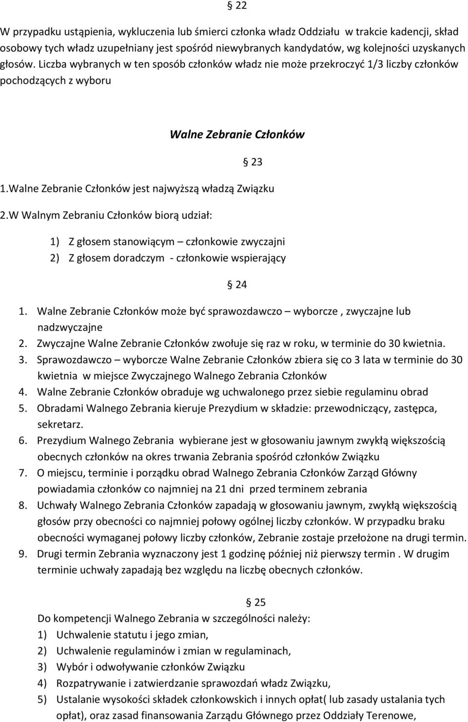 Walne Zebranie Członków jest najwyższą władzą Związku 2.W Walnym Zebraniu Członków biorą udział: 1) Z głosem stanowiącym członkowie zwyczajni 2) Z głosem doradczym - członkowie wspierający 24 1.