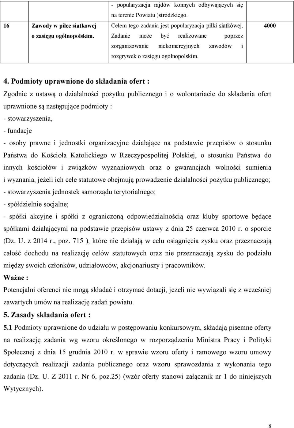 Podmioty uprawnione do składania ofert : Zgodnie z ustawą o działalności pożytku publicznego i o wolontariacie do składania ofert uprawnione są następujące podmioty : - stowarzyszenia, - fundacje -