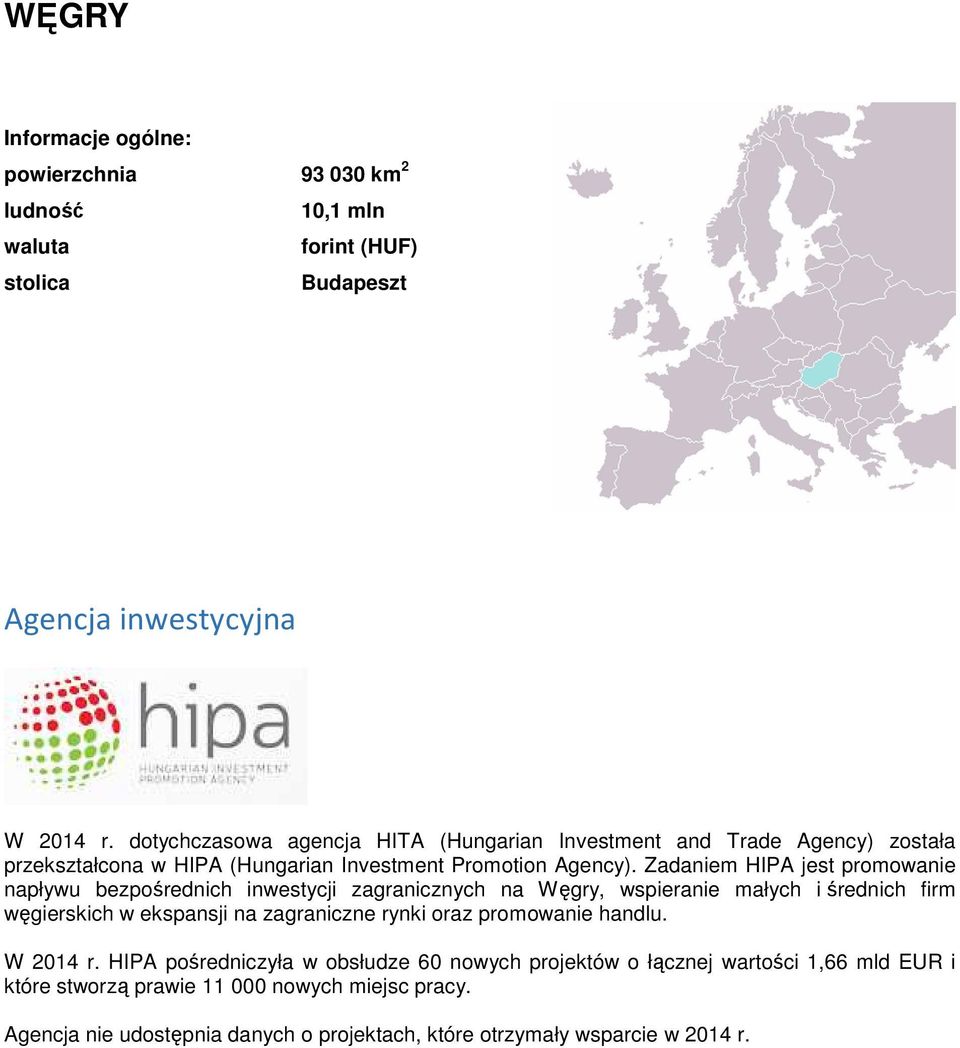 Zadaniem HIPA jest promowanie napływu bezpośrednich inwestycji zagranicznych na Węgry, wspieranie małych i średnich firm węgierskich w ekspansji na zagraniczne rynki oraz
