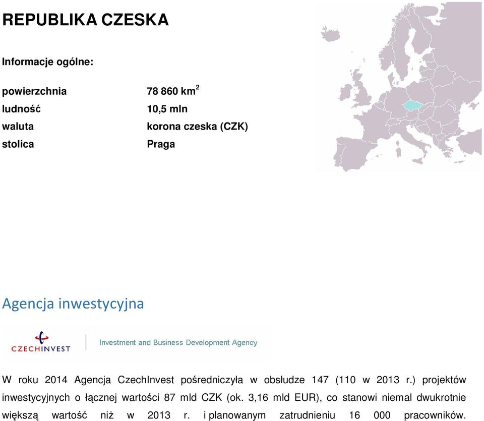 147 (110 w 2013 r.) projektów inwestycyjnych o łącznej wartości 87 mld CZK (ok.
