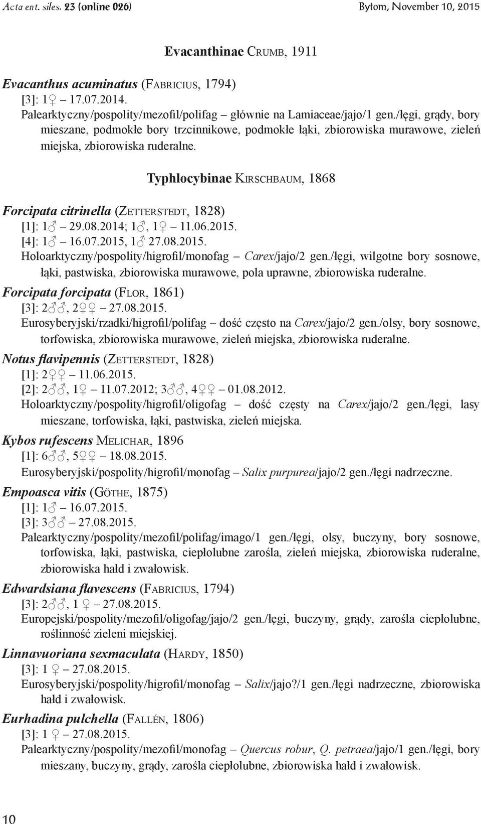 Typhlocybinae Kirschbaum, 1868 Forcipata citrinella (Zetterstedt, 1828) [1]: 1 29.08.2014; 1, 1 11.06.2015. [4]: 1 16.07.2015, 1 27.08.2015. Holoarktyczny/pospolity/higrofil/monofag Carex/jajo/2 gen.